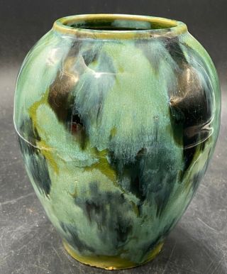 Vintage Brush Mccoy Pottery Blue Green Onyx Drip Glaze Vase 6.  5 Inches Tall