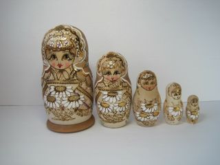 Set Of 5 Wooden Russian Nesting Dolls Golden Accent