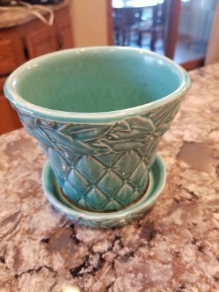 Vintage 4.  5 " T X 5 " W Mccoy Usa Green Diamond Quilted & Leaf Flower Pot W Saucer