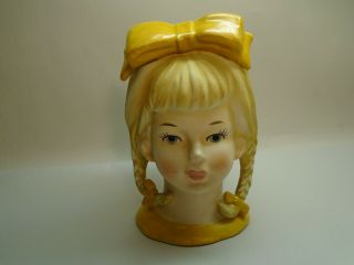 Vintage Lefton Girl Head Vase With Pig Tails