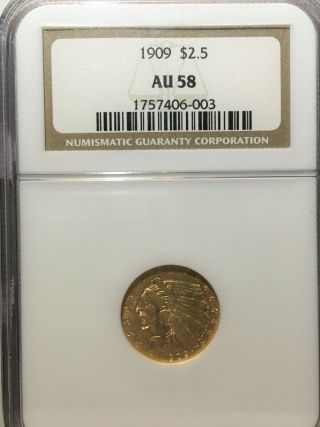 1909 Quarter Eagle == $2 1/2 Indian Gold == Ngc Au - 58==