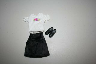 Barbie Doll Clothes 3 Pc Set Black Pleated Skirt White Top W/hearts Black Shoes