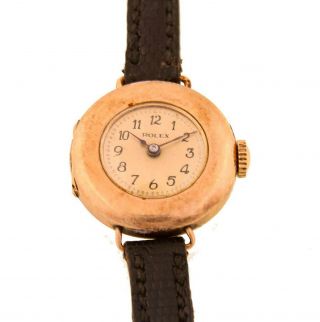 Ladies Rolex Art Deco 15ct Yellow Gold Wristwatch In Round Trench Style Case