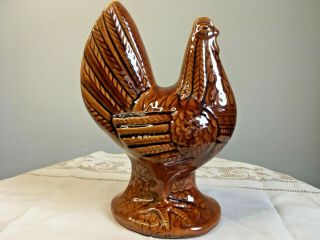 Vintage Mid Century Folk Art Style Brown Glazed Pottery Hen Rooster Spoon Holder