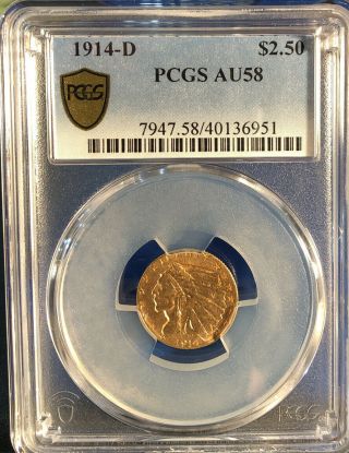 1914 - D $2.  5 Indian Gold Quarter Eagle Pcgs Au58 Coin