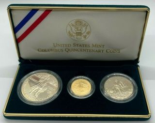 1992 Us Columbus Quincentenary Three Coin Proof Set Inc.  $5 Gold Coin Ogp