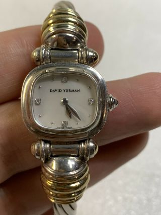 David Yurman Sterling Silver 14k Gold Diamond Cable Bangle Quartz Watch Mop