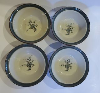 Noritake Pleasure 4 Stoneware Cereal Bowls 8344 Blue Floral Brown Trim 6 - 5/8 "