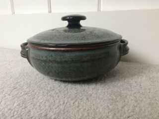 Vintage Handmade Pottery Ceramics Pot With Lid,  Brown & Blue Glazing