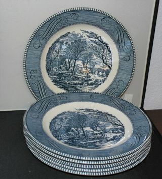 Royal China Imperial Blue Currier And Ives Dinner Plates - Set Of 6