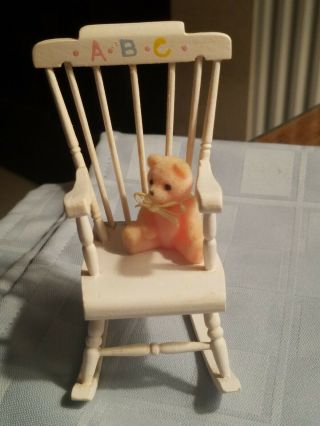 Doll House Miniature - White Spindle Nursery Rocker - With Pink Bear - Abc Theme