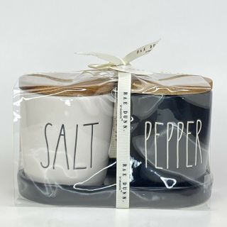 Rae Dunn Salt & Pepper Cellars Wooden Lids Black And White W/black Tray