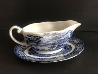 Liberty Blue Staffordshire Historic Colonial Scenes Gravy Boat And Underplate