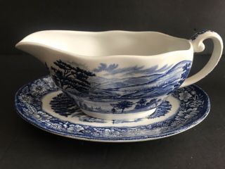 Liberty Blue Staffordshire Historic Colonial Scenes Gravy Boat and Underplate 2