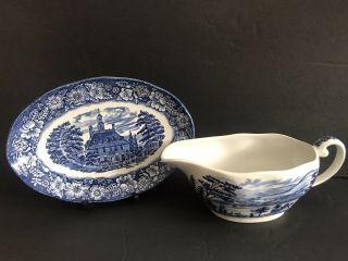 Liberty Blue Staffordshire Historic Colonial Scenes Gravy Boat and Underplate 3
