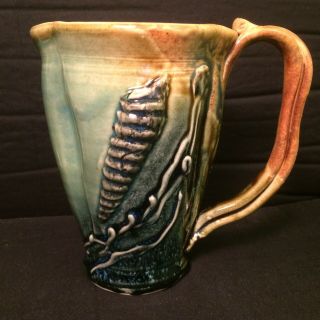 Hand Crafted Studio Pottery Coffee Mug Cup Signed Elan Shell And Water