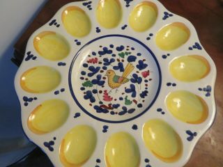 Colorful Deruta Hand Painted Deviled Egg Serving Plate W/ Bird.  Yellow & Blue.