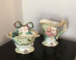 Fitz And Floyd Woodland Spring Cream And Sugar Set With Spoon