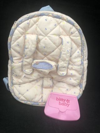 American Girl Bitty Baby Backpack Doll Carrier Pink Floral & Wipes Container