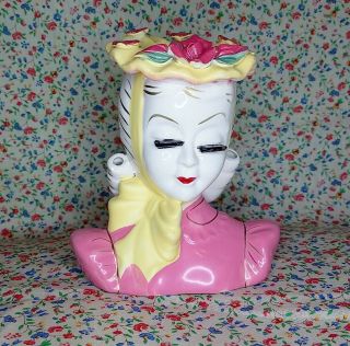 Lefton Lady Head Vase In Pink Dress W/yellow Bow 5 " 1950s