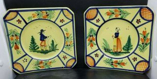 Hb Quimper France 7.  5 " Square Plates Set Of 2 Breton Man And Woman 1930 