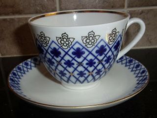 Lomonosov Porcelain Cobalt Blue & Gold Tea Cup & Saucer Made In Russia