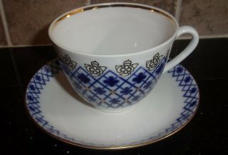 Lomonosov Porcelain Cobalt Blue & Gold Tea Cup & Saucer Made in Russia 2