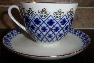 Lomonosov Porcelain Cobalt Blue & Gold Tea Cup & Saucer Made in Russia 3