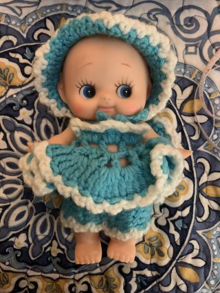 Vintage 7.  5 " Kewpie Baby Doll In Turquoise Blue Crochet Dress Outfit Moveable