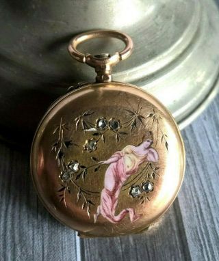 Fine Art Nouveau Gold 18k Enamel Woman Rose Cut Diamonds Fob Pocket Watch Case