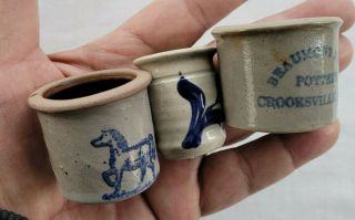 3 Stoneware Crocks Salt Glaze Miniature Signed Beaumont Bro OH,  Williamsburg,  1 2