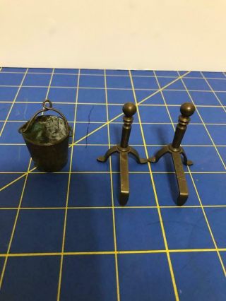 Vintage Miniature Brass Fireplace Andirons And Bucket