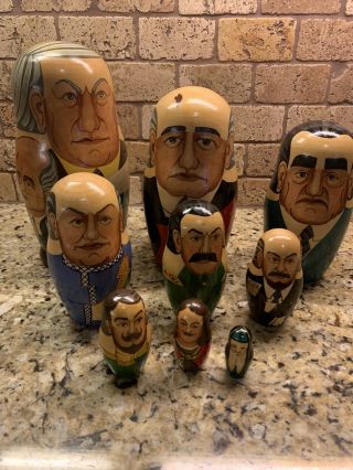 Vintage Russian Leaders Wooden Nesting Dolls Matryoshka Set Of 9