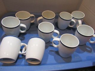 Set Of 6 Crate & Barrel White Brasserie Porcelain Mugs With Blue Band Euc