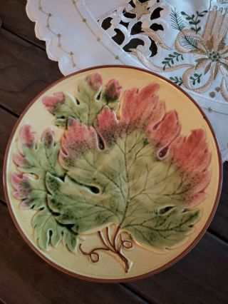 Zell Germany Majolica Grape Leaves Textured Yellow Green Pink 7 5/8 " Plate 1907 -