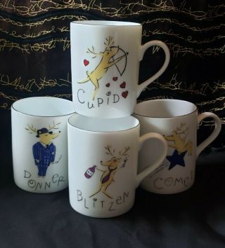 Pottery Barn Christmas Reindeer Mugs Set of 4 Comet Cupid Donner Blitzn Cond 2