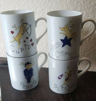 Pottery Barn Christmas Reindeer Mugs Set of 4 Comet Cupid Donner Blitzn Cond 3