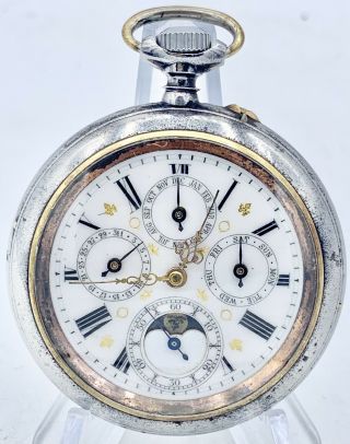 Serviced Complicated Moonphase Day Date Month Swiss Pocket Watch