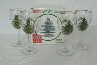 Spode Set Of 4 All Purpose Christmas Tree Holiday Wine Glasses & Box