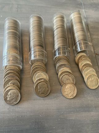 (200) 1946 - 64 Roosevelt Dimes - 90 SILVER - 4 Full Rolls - Varying Dates & Qual 2