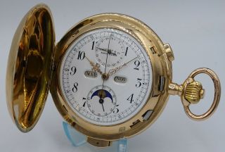 Solid 18k Gold Minute Repeater Full Calendar Moonphase Chronograph Pocket Watch