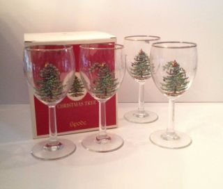 Spode Christmas Tree Set Of Four (4) 12 Oz.  Wine Glasses W/ Gold Rim & Holly