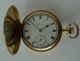 Gold Plated Elgin Hunter Pocket Watch,  Fancy Engraved Picture Case