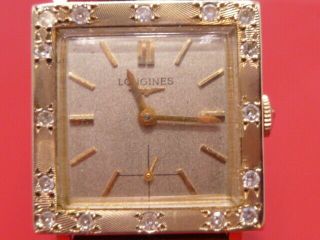 Vintage 14k Solid Gold Longines Square Watch Pave Set Moissanite Hand Winding