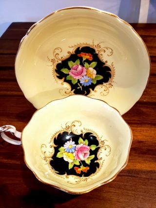 Paragon China Hand Painted Cup And Saucer Yellow Black Roses