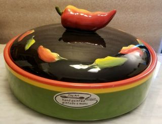 Clay Art Tortilla Keeper Fiesta Chilli Peppers 9.  75 " Dia 4.  5 " Tall Hand Painted