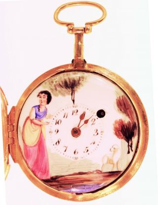 AN ATTRACTIVE PAINTED ENAMEL DIAL GOLD VERGE WATCH CA.  1800 2