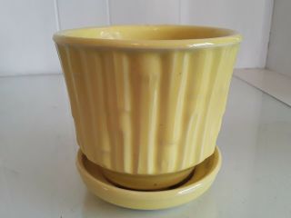 Mccoy Pottery Bright Yellow Bamboo Flower Pot Planter W Saucer Usa 4 " High