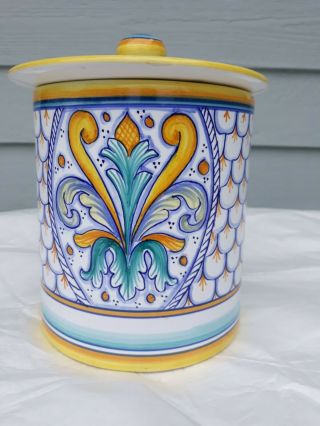 Signed.  Deruta Italy Italian Pottery Labor Biscotti Cookie Jar Canister W/lid