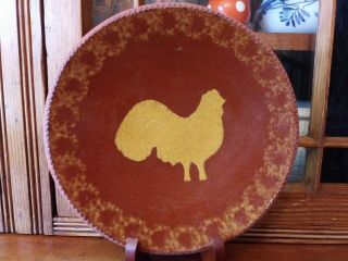 1980s Foltz Pottery Chicken Rooster 9 1/4 " Plate Coggle Edge Sponge Redware
